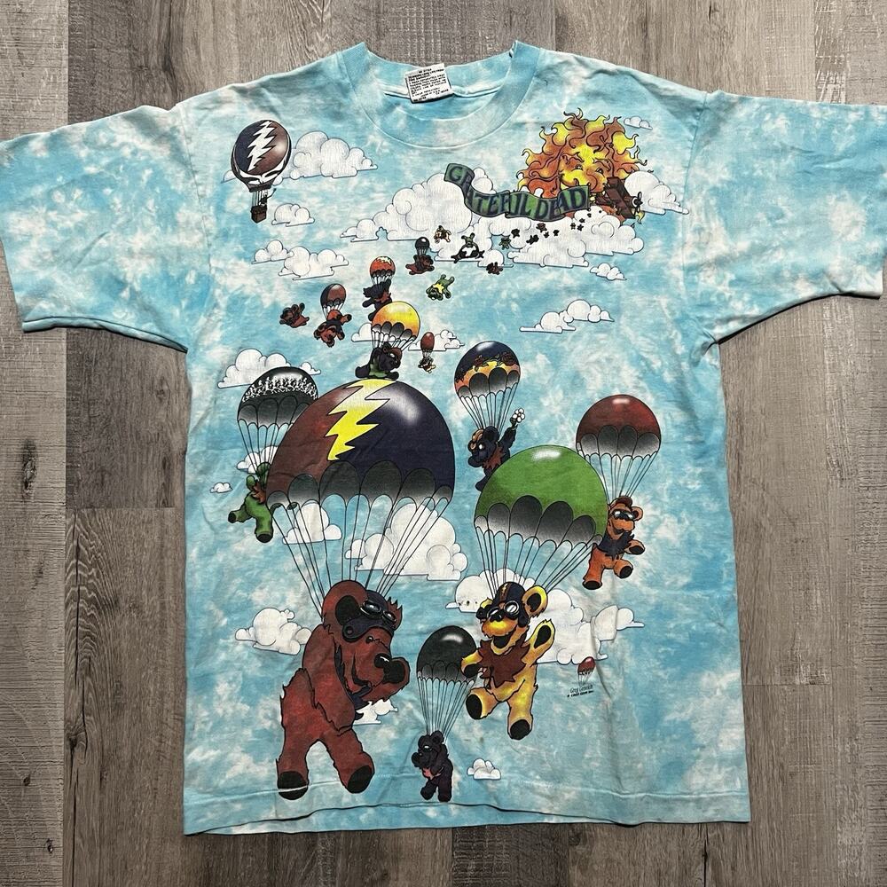 VTG Grateful Dead Liquid Blue AOP 1993 Parachuting Bears Tie Dye Shirt Size L
